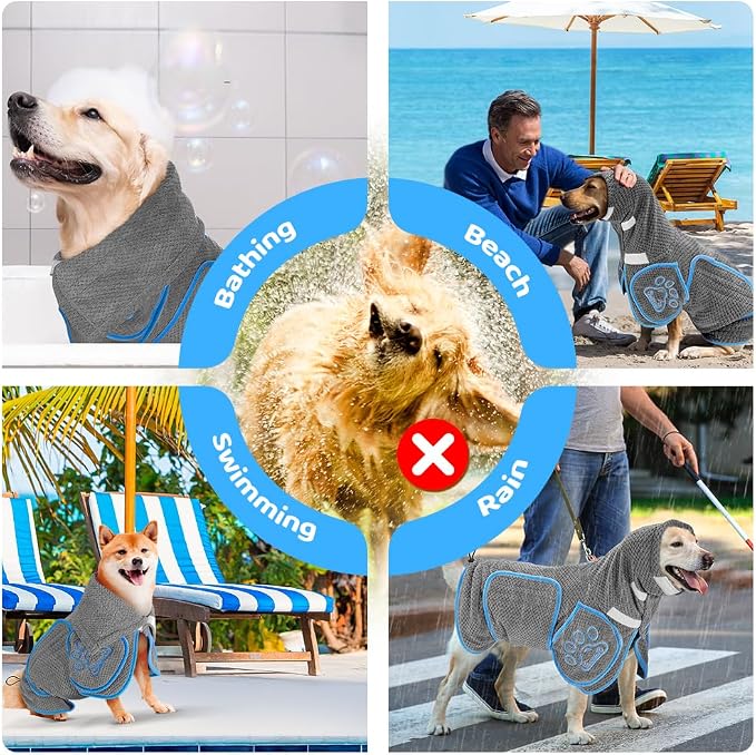 SlowTon Dog Bathrobe Drying Coat – Super Absorbent Microfiber Towel Wrap with Adjustable Collar & Belly Strap, Fast Drying Bath Robe for After Bath Swim, for Large, Medium, Small Dogs (Grey 2XL)