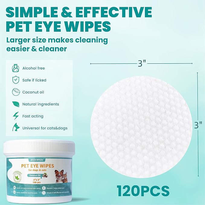 MEDUWEDU Eyes Wipes for Dogs & Cats 120 Counts, Grooming Kit Care for Dogs and Cats, Prevent Tear Stains, Eye Debris, Discharge, Mucus Secretions,Coconut Scent
