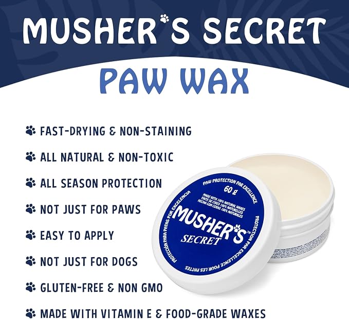 Musher's Secret Dog Paw Wax 60g – Lick Safe Moisturizer for Cracked Pads – Nose & Paw Care Balm – Helps Protect from Hot Pavement & Snow with Vitamin E