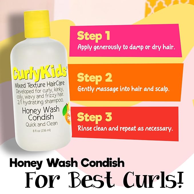 CurlyKids Honey Wash Condish 2-in-1 Hydrating Shampoo & Conditioner for Kids – Sulfate-Free Kids Hair Care for Curly, Kinky, Coily & Wavy Hair Moisturizing & Detangling Curl Shampoo, 8oz (Pack of 1)