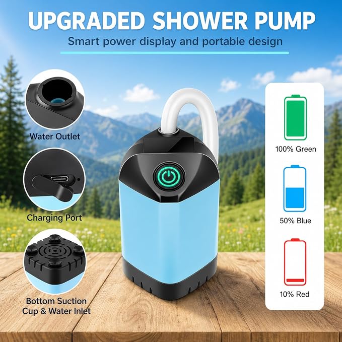 Portable Shower for Camping, 7800mAh Rechargeable Camping Shower Pump with USB-C, IPX8 Waterproof Outdoor Shower Kit with 3 Spray Modes, Portable Shower Head for Camp, RV, Beach, Pet Washing & Hiking