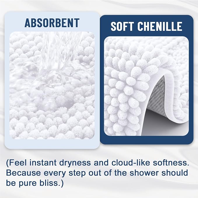 Grandaily Chenille Striped Bathroom Rugs 59x35, Extra Thick and Soft Absorbent Bath Mats, Rubber Backing, Plush Shaggy Shower Carpet, Machine Wash Dry, Bath Rug for Bathroom, Solid White