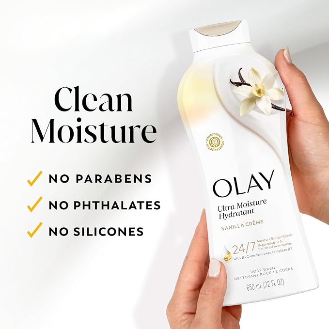 Olay Body Wash for Women, Ultra Moisture, 24/7 Moisture Barrier Repair, Hydrating Formula for Visibly Healthy Soft Skin, Vitamin B3 & Hyaluronic Blend, All Skin Types, Vanilla Creme Scent, 22 fl oz