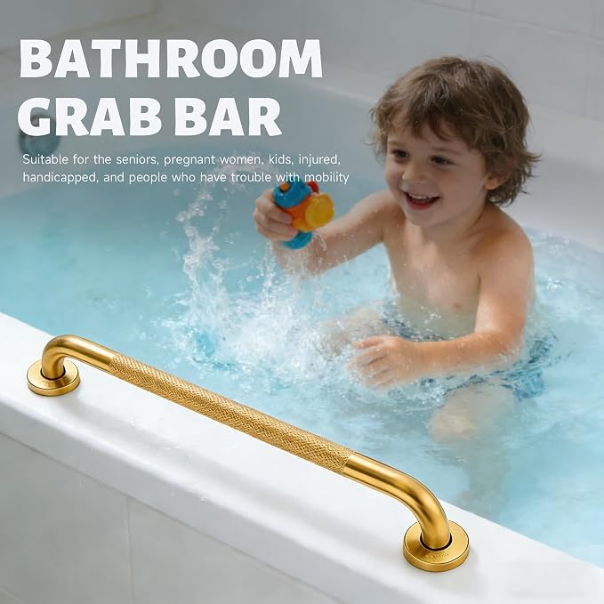 24 Inch Shower Grab Bar 1.25" Dia, Gold Anti Slip Bathroom Grab Bar, 304 Stainless Steel Knurled Handicap Grab Bars, Safety Support Handrail, Assist Bath Shower Handle for Elderly Injury Senior