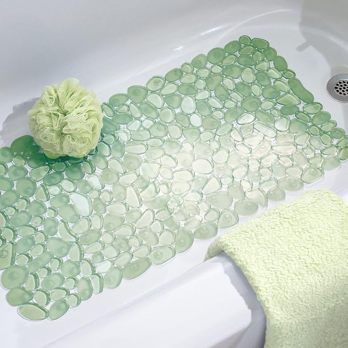 iDesign Pebblz Non-Slip Suction Bath Mat, Green, 26" x 13.5" | For Shower and Bathtub