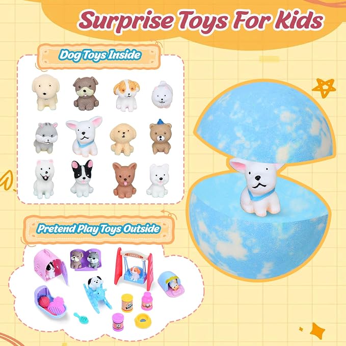 Bath Bombs for Kids with Surprise Toys Inside, 12 Pack Kids Bath Bombs with Puppy Dolls & Dog Pretend Playset, Easter Birthday Gifts for Girls Boys, Handmade Bubble Bath Fizzies Ball Gift Set