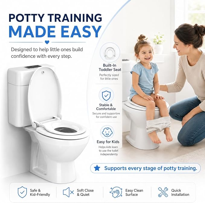 Round Toilet Seat with Built-In Toddler Seat, 2-in-1 Potty Training Toilet Seat for Adults & Kids, Soft Close, Magnetic Child Seat, Quick Release & Easy Clean, Fits Standard Round Toilets, White