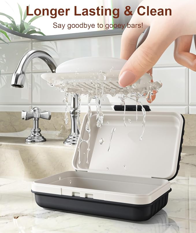 Quatish Leakproof Bar Soap Holder Dish with Lid for Shower, Portable Travel Soap Case Box for Gym, Camping, Hiking, Outdoor Use, Travel Size Toiletries Essentials, Keeps Soap Dry, Black