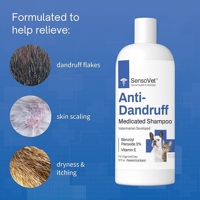 Dandruff Shampoo for Cats & Dogs - Benzoyl Peroxide with Vitamin E - Medicated Treatment for Itchy & Dry Skin, Seborrhea, Mange, Folliculitis, Dermatitis, Acne, Flakes & Skin Scaling - 12oz