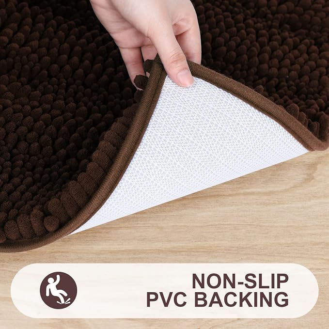 Grandaily Chenille Striped Bathroom Rugs 47x32, Extra Thick and Absorbent Bath Mats, Non-Slip Soft Plush Shaggy Shower Carpet, Machine Wash Dry, Bath Rug for Bathroom, Brown