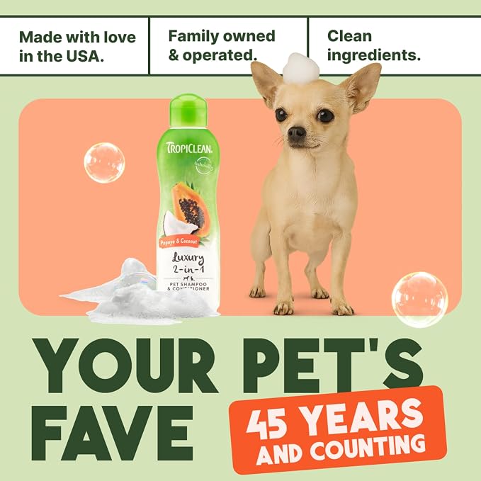TropiClean 2-in-1 Dog Shampoo and Conditioner, Professional Dog Shampoo, Moisturizing Detangler, Puppy Safe, Made in USA, Papaya Scent, 1 Gallon