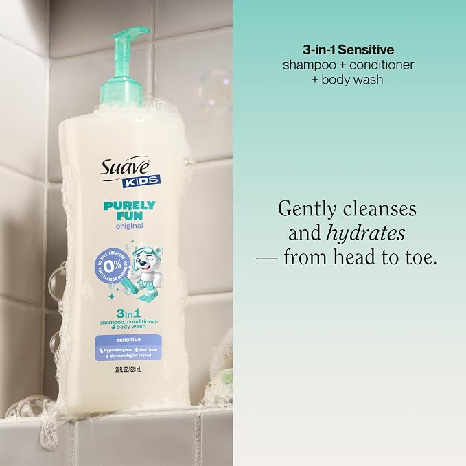 Suave Kids Purely Fun 3 in 1 Shampoo, Conditioner & Body Wash, Original Clean Scent, Hypoallergenic, Tear-Free Formula, Dermatologist Tested, 4 Count, 28 FL OZ