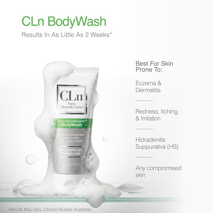 CLn® BodyWash – Non-Drying Body Wash Preserved with Sodium Hypochlorite, For Compromised Skin Prone to Eczema, Dermatitis, Rash & Hidradenitis Suppurativa, Fragrance-Free & Paraben-Free, 3 fl oz