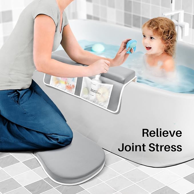 Bath Kneeler and Elbow Rest Pad Set, 1.6'' Extra Thick Bath Support for Knees and Elbows, Memory Foam Bath Mat with Toy Organizer Pockets, Quick-Dry Kneeling Pad for Bathing Grey