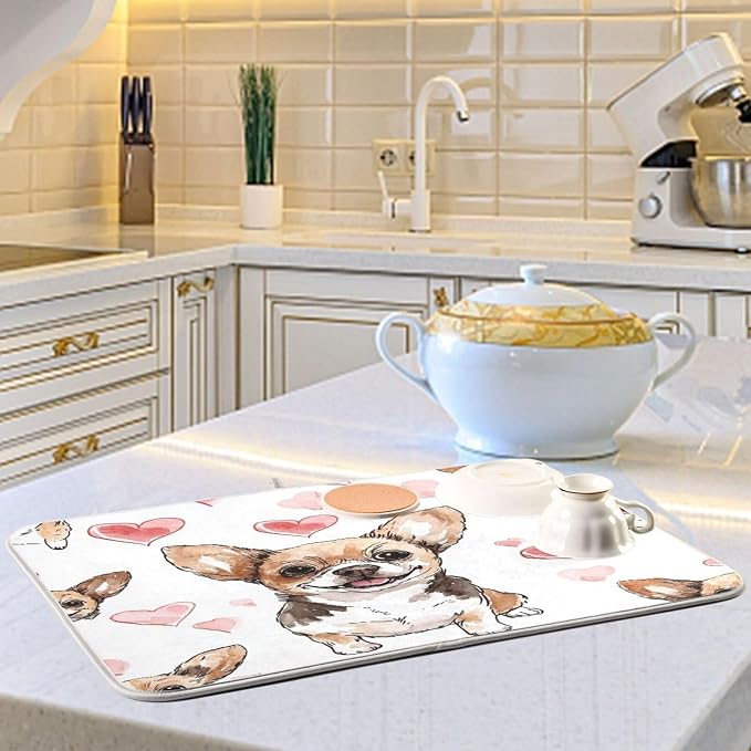 Chihuahua Dog Heart Absorbent Dish Drying Mat, Dishes Drainer Protector Pad Pot Holder for Kitchen 18 x 24 Inch
