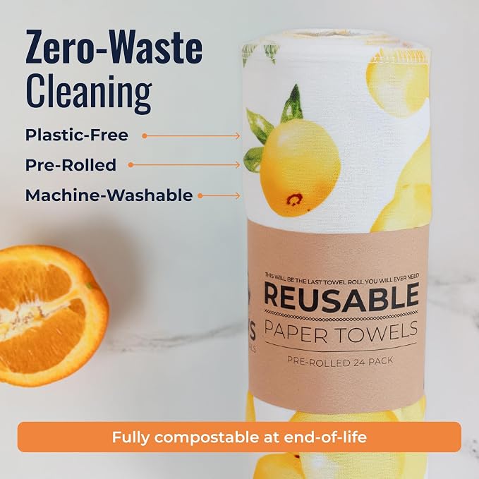 Zero Waste Reusable Paper Towels, Organic Cotton Flannel Wipes for Kitchen, Bathroom, Hand Drying, Pet Messes, and Counter Cleaning, Lemons, 24-Pack Gift Set