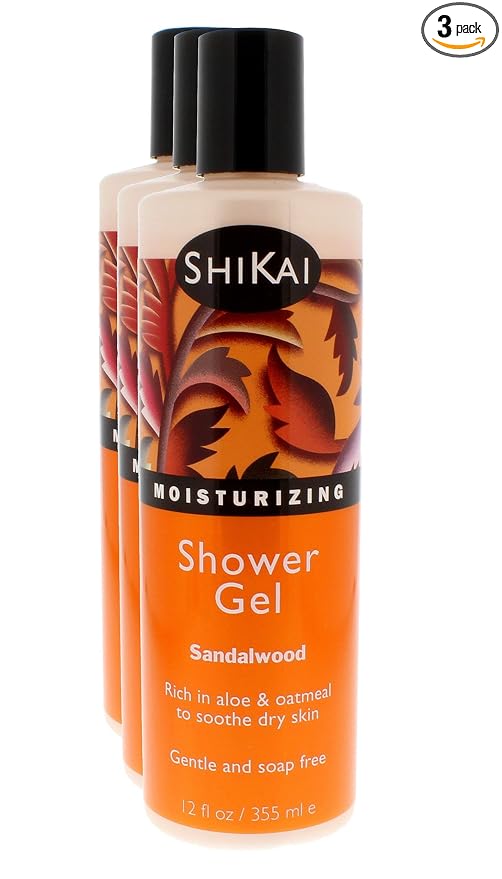 ShiKai Daily Moisturizing Shower Gel (Sandalwood, 12oz, Pack of 3) | Gentle Formula | Aloe Vera & Oatmeal for Soft, Healthy Skin | Dry Skin Relief