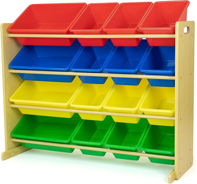Humble Crew Toy Storage Organizer with 16 Removable Storage Bins for Kids Playroom, 4-Tier Toddler Toy Organization, Natural Wood/Primary