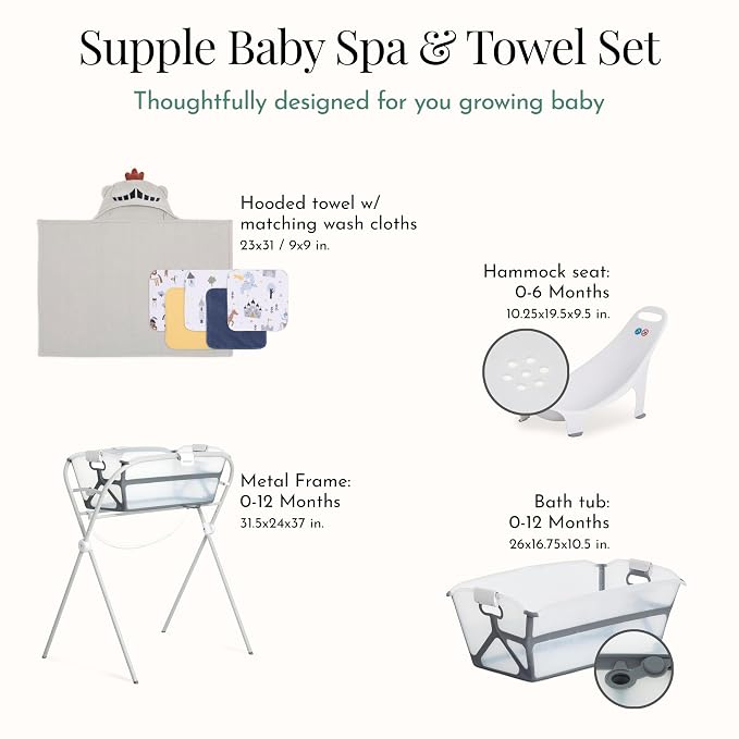 Evolur Supple Spa Kit with Towel, Includes Supple Baby Spa Set, Complementary Good Knight Hooded Towel & 5-Piece Washcloth Set in Grey, Spa Set Includes Bath Tub, Hammock Seat and Metal Frame