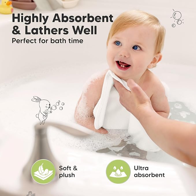 6-Pack Baby Washcloths, Soft Absorbent Washcloths for Face, Body (White) | Viscose from Bamboo Washcloths, Baby Towels, Newborn, Kids, Toddlers, Infant, Gentle on Sensitive Skin, 10x10, Reusable