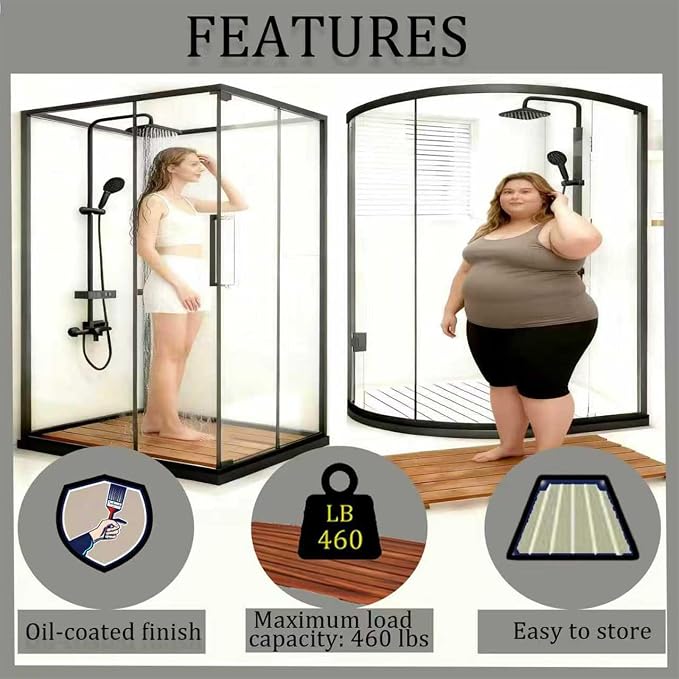 27in×34in,Large Teak Wood Shower Mat, Natural Wooden Bathroom Floor Mat, Spa-Style Fast-Drying Bathtub Tray, Easy to Clean, Suitable for Indoor or Outdoor Use
