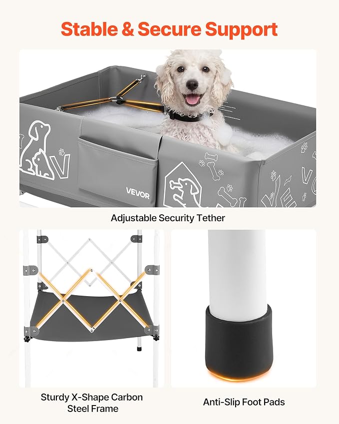 VEVOR Dog Bathtub, Elevated Dog Bath Tub, Collapsible Pet Bathing Grooming Wash Station, Portable Foldable Space-Saving, with Built-in Drain Hose for Small and Medium Pet Cat Indoor & Outdoor, Gray