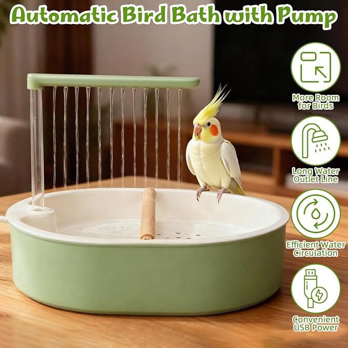 Automatic Parakeet Bird Bath with Quiet Running Water Pump Tub | Electric Parrot Bathtub Toy with Shower for Small Medium Birds, Cockatiel, Budgie, Conure, Lovebird, Quaker