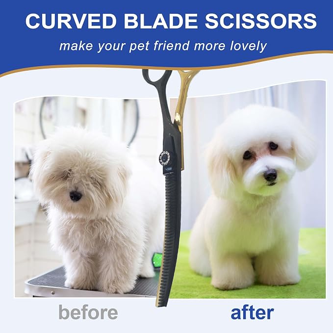 7" Curved Thinner Dog Scissor, Curved Fluffer Scissors, 43 Teeth, 25% Thinning Rate, Professional Pet Shear for Groomer, Ergonomic Dog Grooming Scissor, Dogs Shear for Grooming to remove bulk quickly