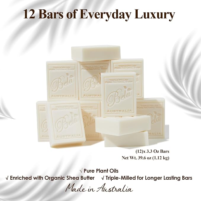 BELA Extra Creamy Goat Milk Soap 3.3 OZ Pack of 12, Long Lasting French Triple Milled Bar Soap Enriched with Organic Shea Butter, Hand, Face and Body Wash Bar, Made in Australia