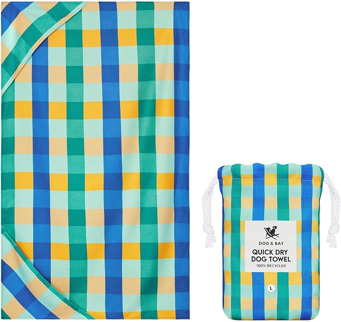 Dock & Bay Pet Towel - Super Absorbent & Quick Drying Dog Towels with Bag - 100% Recycled - Puppy Plaid, Medium (90x50cm, 35x19)