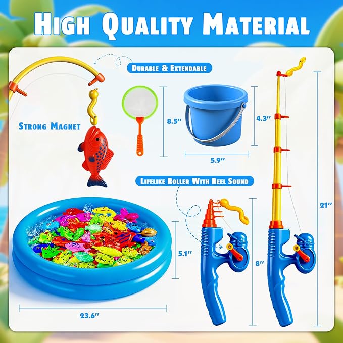 CozyBomB™ Magnetic Fishing Toys Game Set for Kids | Water Table Bathtub Kiddie Pool Party Pole Rod Net, Outdoor Plastic Floating Fish, Toddler Bath Color Ocean Sea Animals Birthday Gift Age 3-5 6 4-8