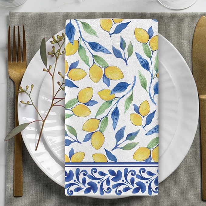 Italian Capri Blue Lemon Kitchen Dish Towels Set of 2, Amalfi Coast Italy Tile Pattern Citrus Drying Hand Towel Baking Cooking Cloth, Summer Mediterranean Bathroom Home Decoration 18'' x 26''