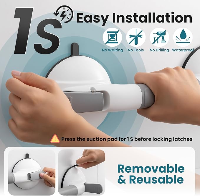 TAILI Grab Bars for Bathtubs and Showers,2 Pack Shower Handles for Elderly Suction,Maximum 330lbs,Shower Grab Bar with Upgraded Rubber Suction Cups,Safety Grip for Senior, No Drilling Removable,Grey