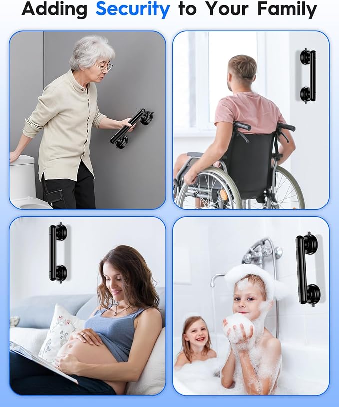 Upgraded 2-Pack Grab Bars for Shower Bathroom Wall, Heavy-Duty Suction Grab Bars Shower Handle Safety for Elderly Seniors Handicap, No Drilling Tool-Free, Easy Removal and Reusable (Black)