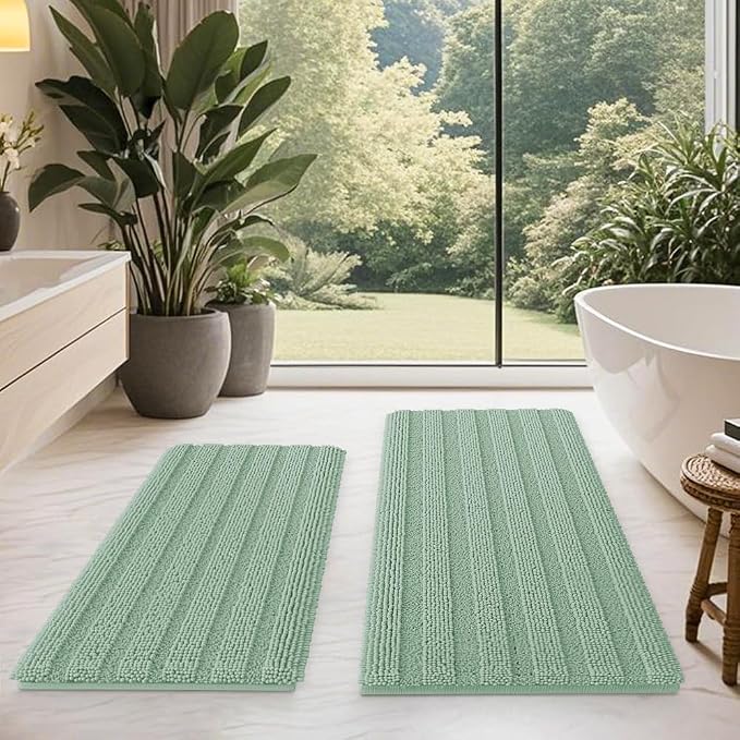 Christmas Striped Sage Green Bathroom Rug Mat Set 2 piece 32"x20"+24"x17" Ultra Soft, Non Slip Chenille Bath Rugs, Absorbent Plush Shaggy Bath Mats for Bathroom, Bedroom, Kitchen, Shower, Tub