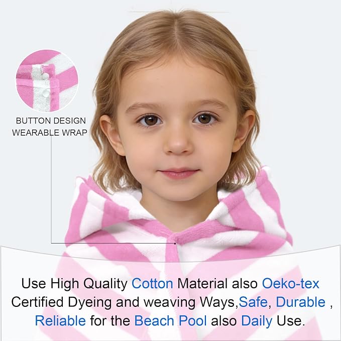 VOOVA & MOVAS Toddler Hooded Bath Towels 0-3T, 25''X40, Soft | Thick | 100% Cotton | Absorbent Towel Wrap for Baby, Perfect for Beach, Pool, Bath, Swimming,Pink Stripe