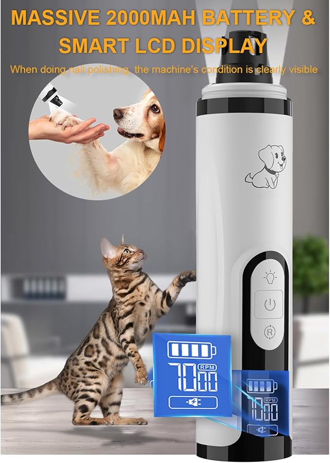 Dog Nail Grinder, 3-Speed, Ultra Quiet for Small to Large Dogs | Dual LED Lights for Quick Visibility, 7000-9000 RPM, <40dB, Ergonomic Grip, Multiple Grinding Ports, 2000mAh