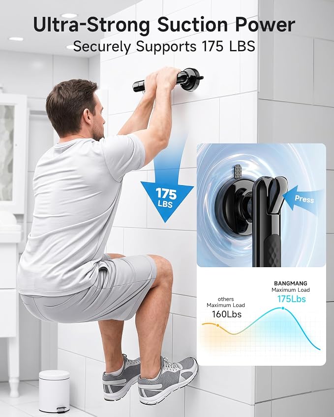 Upgraded Suction Shower Handle with Anti-Slip, 2 Pack Grab Bars for Shower and Bathroom, Heavy Duty Removable Safety Grip Handrails Grab Bars for Bathtubs, No Drilling & Waterproof, Black