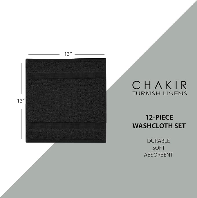 Chakir Turkish Linens 12 Piece Washcloth Set, 100% Cotton Luxury Turkish Washcloths for Bathroom, Soft Absorbent Washcloths, 13 x 13 Inches, Black