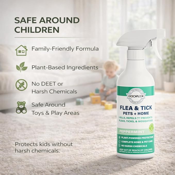 Flea Spray for Home & Pets - Flea and Tick Prevention for Dogs - Plant Based Repellent with Natural Essential Oils for Dog Flea Treatment Protection - Peppermint Scent - 16 Fl Oz