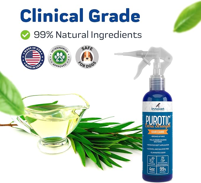 INNOVET PurOtic Natural Ear Cleaner for Dogs & Cats with Silicone Applicator - Extra Strength 4 oz Bottle