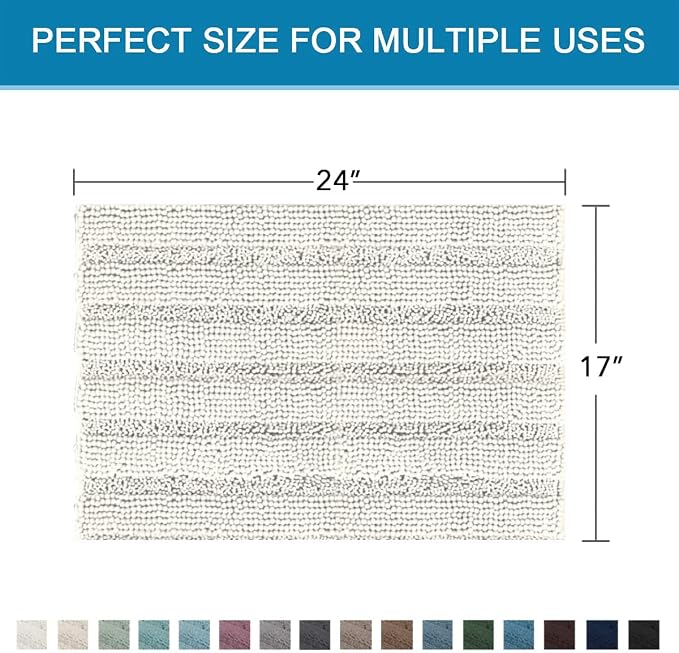 H.VERSAILTEX Bath Mats for Bathroom Non Slip Thick Chenille Striped Bath Rug Absorbent Fluffy Soft Shaggy Rugs Washable Dry Fast Plush Mats for Indoor, Bath Room, Tub - 17" x 24", Cream