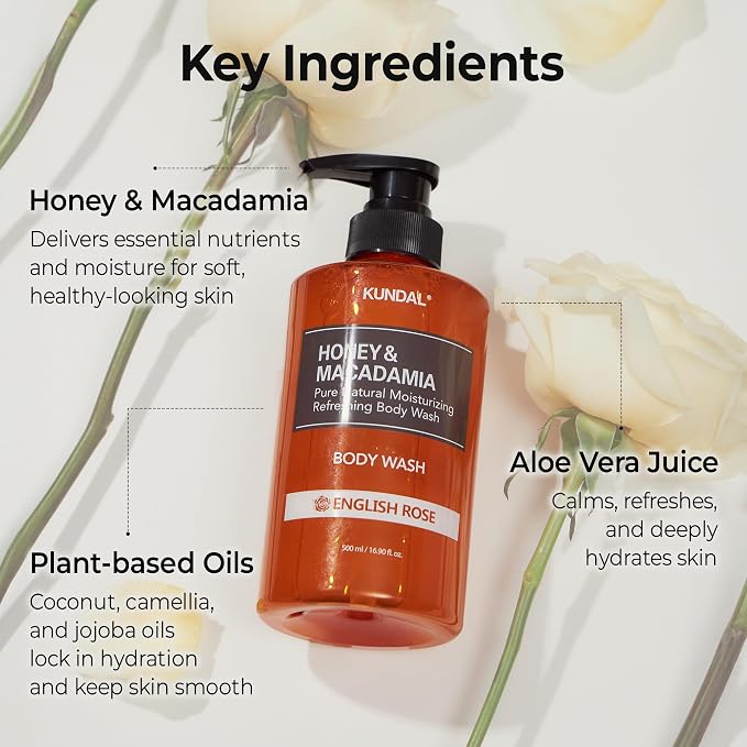 KUNDAL Honey & Macadamia K Beauty Pure Natural Moisturizing Refreshing Body Wash, Cherry Blossom, 16.9 Fl Oz - Calms, Refreshes & Deeply Hydrates Skin, Plant-Based Oils Keep Skin Smooth