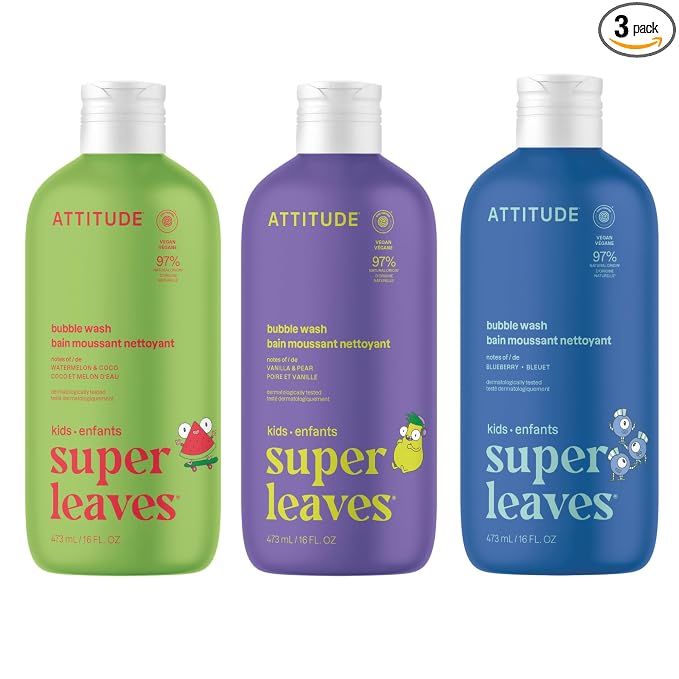 Bundle of ATTITUDE 3 Bubble Wash for Kids, Hair Shampoo and Body Soap, EWG Verified, Plant- and Mineral-Based, Vegan, 16 Fl Oz, Blueberry + Watermelon & Coco + Vanilla & Pear