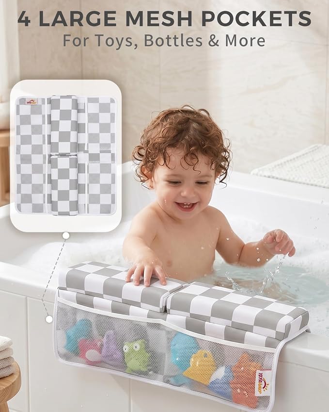 Bath Kneeler and Elbow Rest Pad Set - 1.5'' Thick Baby Bath Kneeler Pad, Foldable Memory Foam Kneeling Pad with 4 Toy Organizer Pockets, Quick Dry, Non-Slip, Checkered Pattern, Baby Bath Essentials