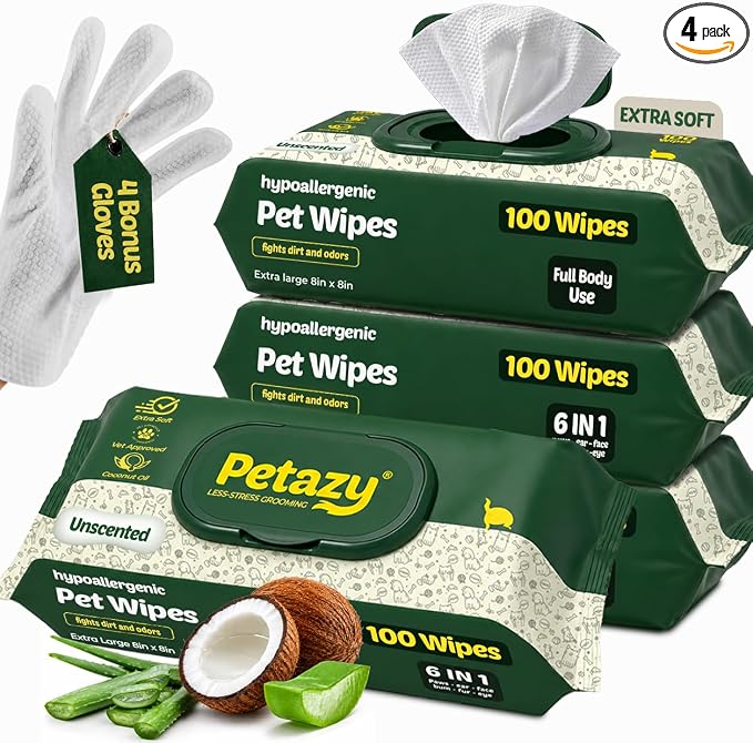 Petazy Pet Wipes for Dogs and Cats – 400 Count (8x8in) Hypoallergenic, Deodorizing Dog Wipes for Paws, Ears and Butt | XL with Aloe & Coconut Oil, Unscented | Includes 4 Grooming Glove Wipes
