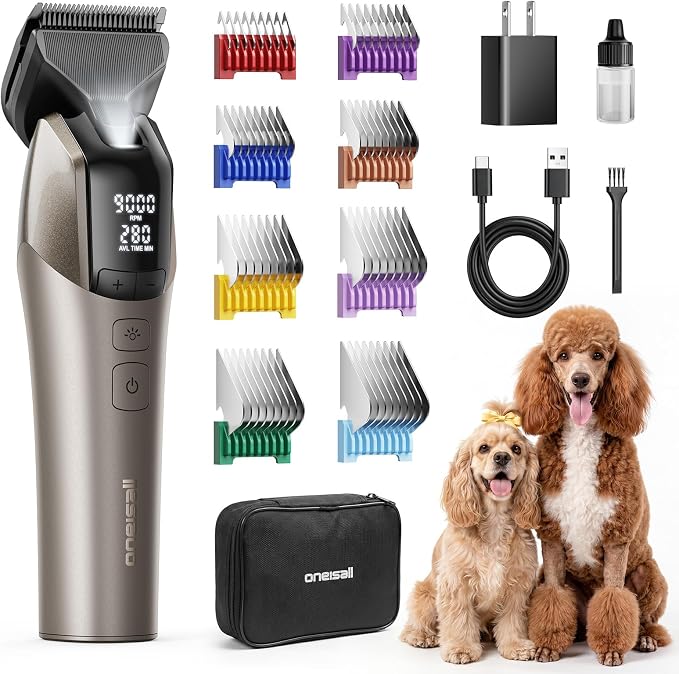 oneisall Dog Clippers for Grooming Thick Hair, Professional 9000RPM 5 Speed with 5 in 1 DLC Blade, 280min Cordless, Low Noise Dog Grooming Kit with 8 Metal Combs Carring Case for Dogs Cats Pet | 280Min Cordless. Low Noise. 5 in 1 DLC Blade.8 Metal Comb...
