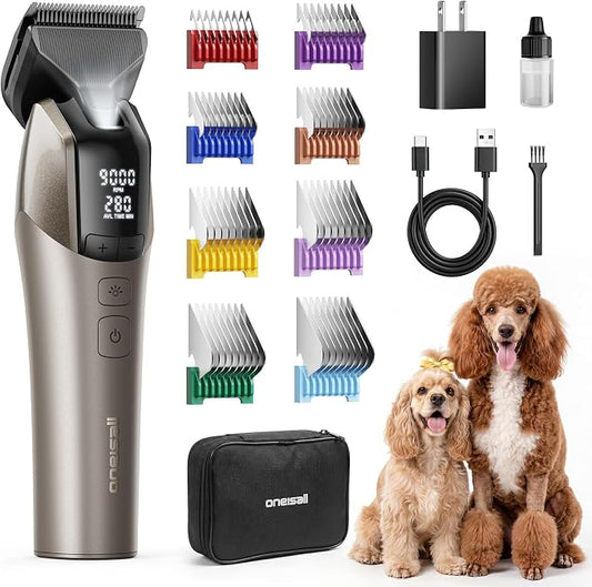 oneisall Dog Clippers for Grooming Thick Hair, Professional 9000RPM 5 Speed with 5 in 1 DLC Blade, 280min Cordless, Low Noise Dog Grooming Kit with 8 Metal Combs Carring Case for Dogs Cats Pet | 280Min Cordless. Low Noise. 5 in 1 DLC Blade.8 Metal Comb...