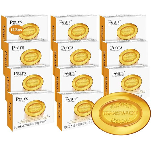 Pears Soap, Pure & Gentle with Natural Oils, 12-Pack – Transparent Amber Glycerin Soap for Pampered, Glowing Skin, 3.53 Oz Ea