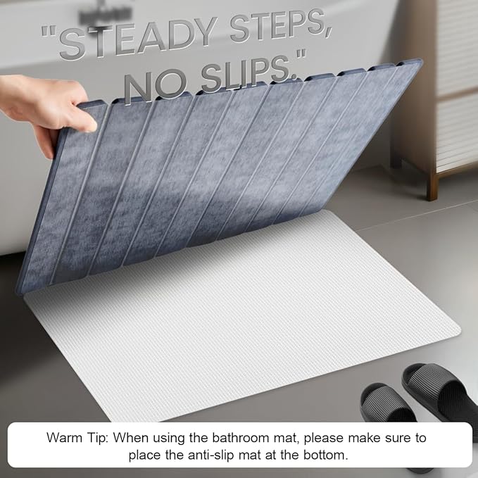 Large Foldable Stone Bath Mat - 32x20 Inch, Fast Dry Diatomaceous Earth Extra Large Bath Mats for Bathroom, Non-Slip Super Absorbent Stone Drying Mats for Kitchen Counter & Shower (Dark Gray Decor)